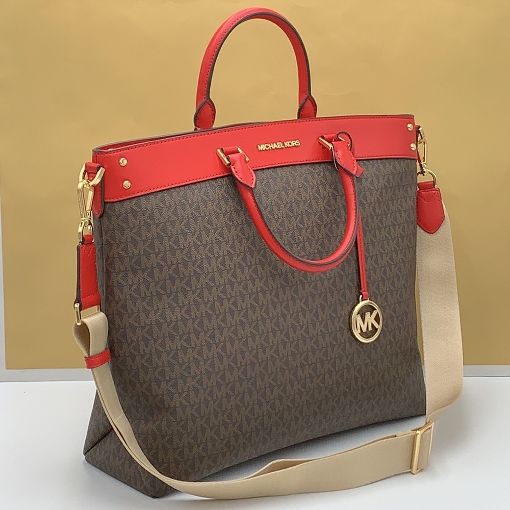 Michael Kors Jet Set Travel Large North South Tote Bag Brown MK Logo Fla… - Picture 2 of 16